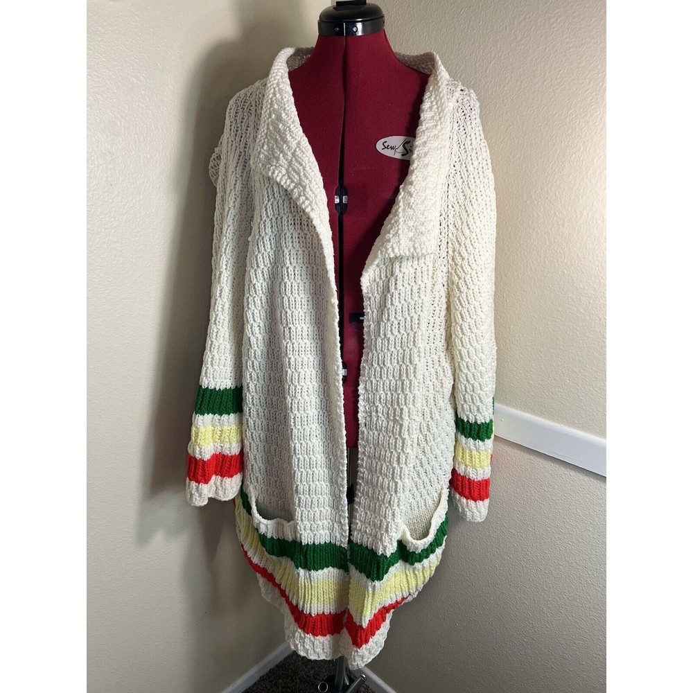 Vtg Grandma Core Womens Cardigan Sweater Sz L Cream Handknit‎ Open Front Striped